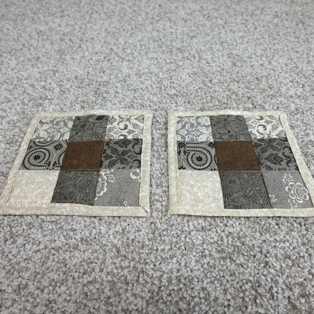 Handmade Quilted 9 Patch Mug Rug Set 2 Cream Grey Brown Cotton Coasters 6x6.5